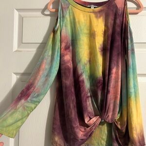 White Birch Yellow and Purple Long Sleeve Tie Front Blouse